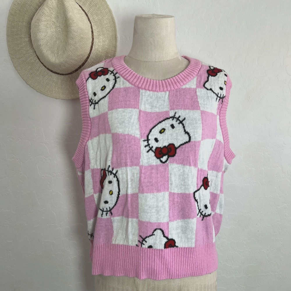 Hello Kitty Pink Sweater Vest L Checkered Knit Y2k Kawaii Nerd-core Academia